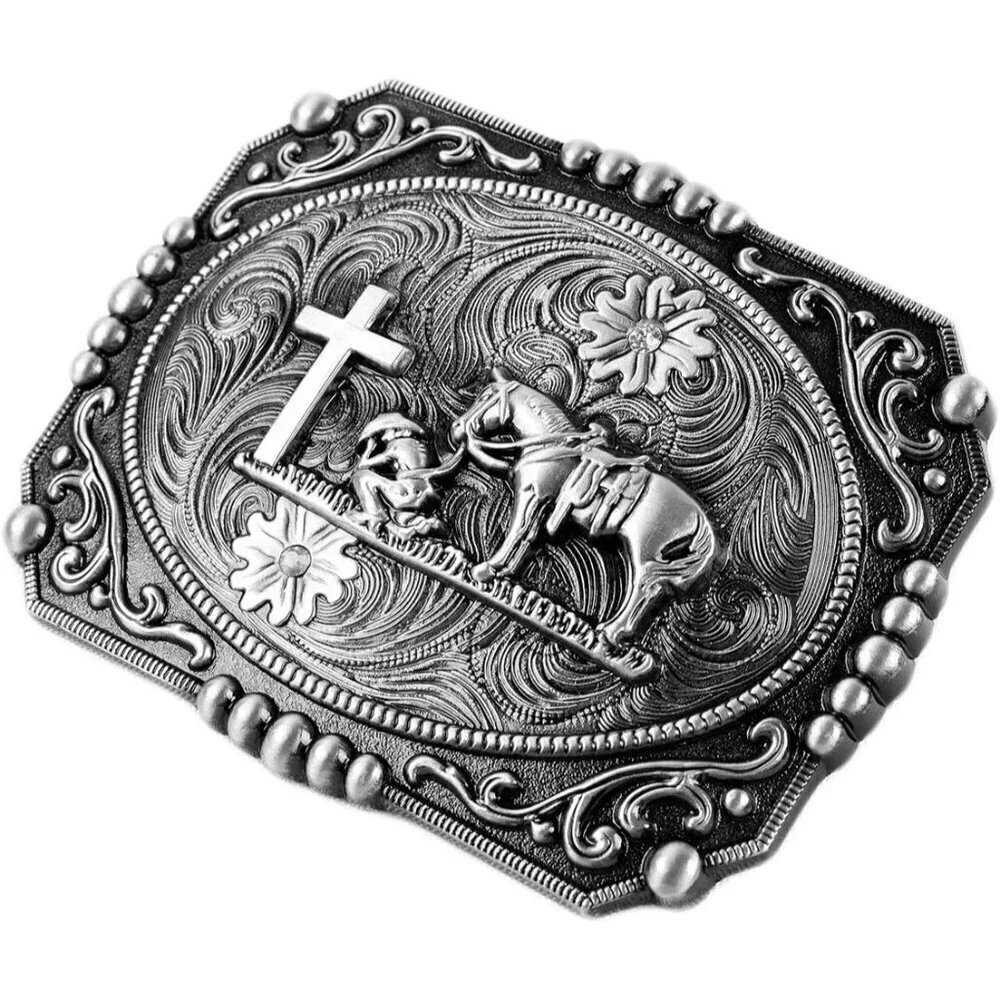Women's Silver Religion Cross Kneeling Prayer And Horse Design Belt Buckles